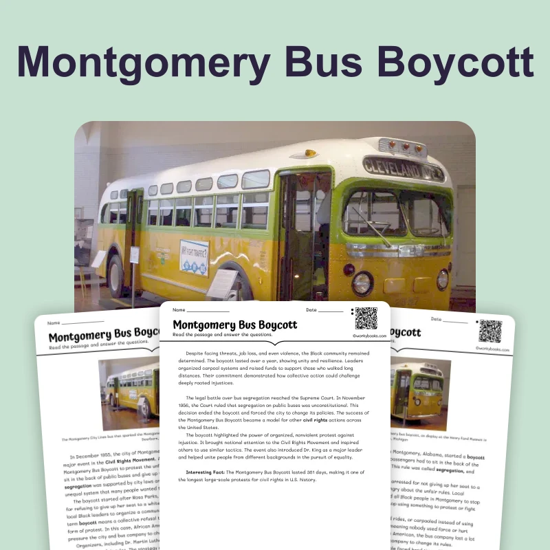 Montgomery Bus Boycott — reading — reading comprehension for Grade 6, Grade 7, Grade 8, page 1 of 4