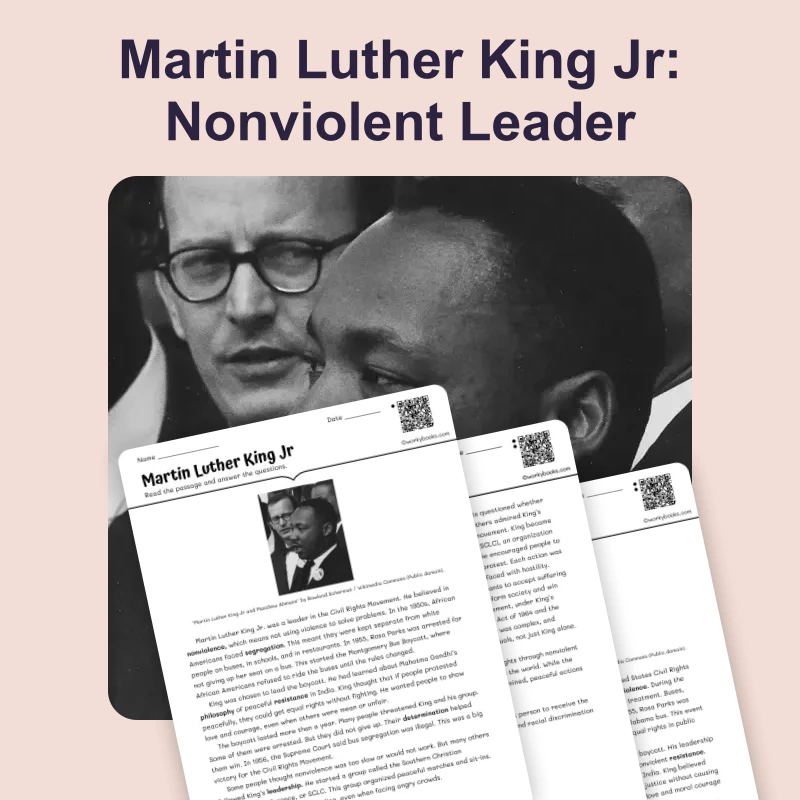 Martin Luther King Jr: Nonviolent Leader — ela — reading comprehension for Grade 6, Grade 7, Grade 8, page 1 of 4