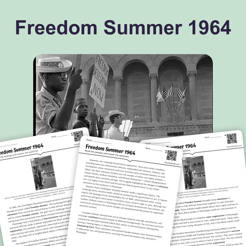 Freedom Summer 1964: Mississippi Voter Registration — reading — reading comprehension for Grade 6, Grade 7, Grade 8, page 1 of 4