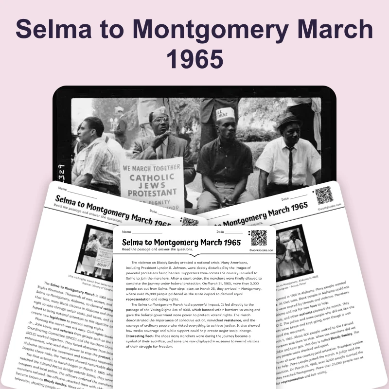 Selma to Montgomery March 1965 — reading — reading comprehension for Grade 6, Grade 7, Grade 8, page 1 of 4