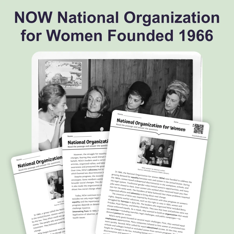 NOW National Organization for Women Founded 1966 — reading — reading comprehension for Grade 6, Grade 7, Grade 8, page 1 of 4