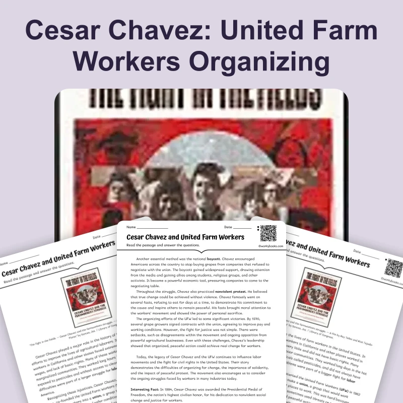 Cesar Chavez and United Farm Workers — ela — reading comprehension for Grade 6, Grade 7, Grade 8, page 1 of 4