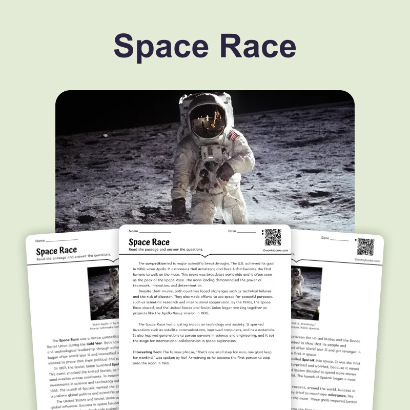Space Race: Cold War Competition Explained — reading — reading comprehension for Grade 6, Grade 7, Grade 8, page 1 of 4