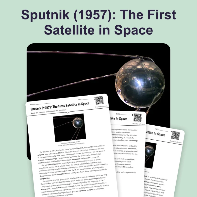 Sputnik 1957: Soviet Satellite Shocks America — reading — reading comprehension for Grade 6, Grade 7, Grade 8, page 1 of 4