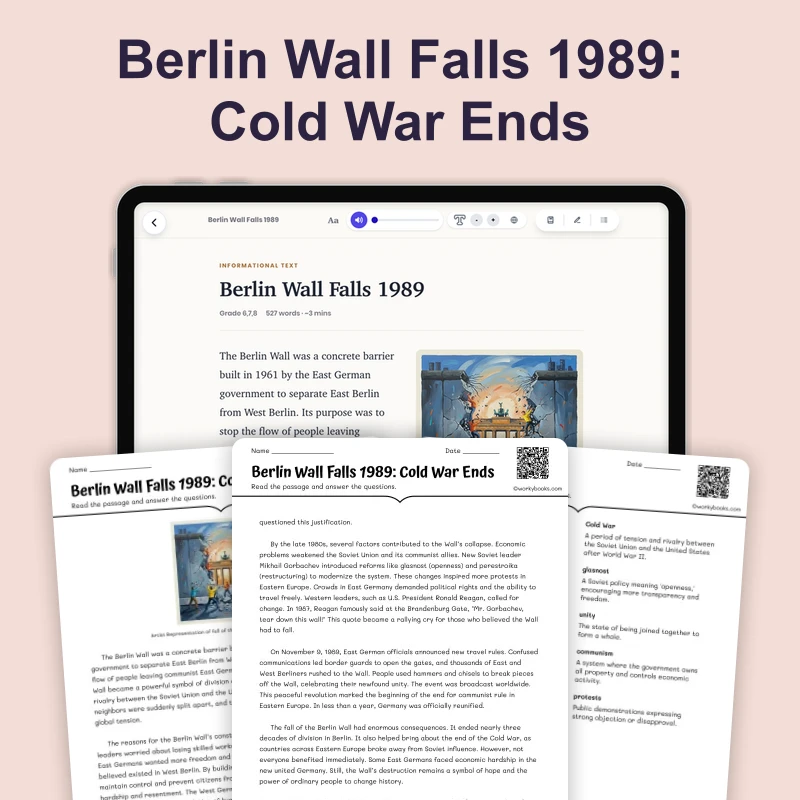 Berlin Wall Falls 1989 — reading — reading comprehension for Grade 6, Grade 7, Grade 8, page 1 of 4