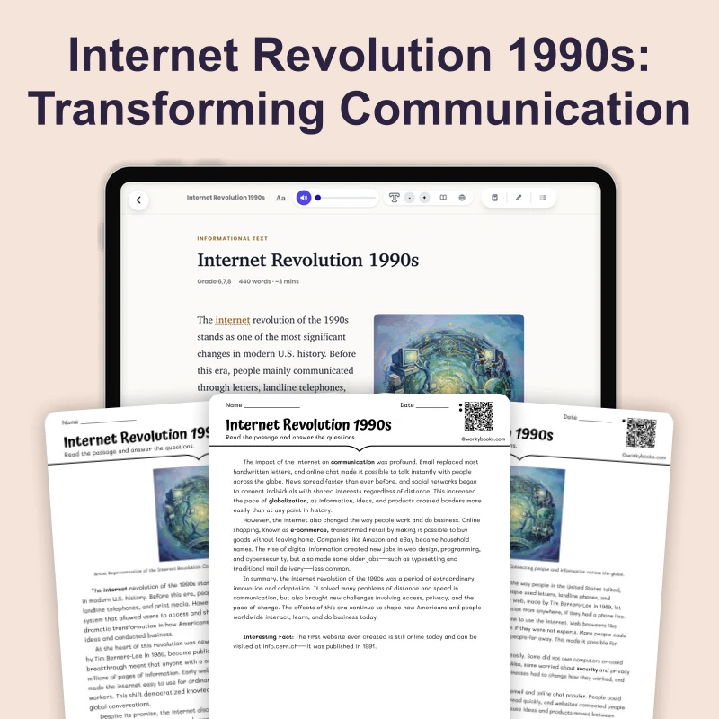 Internet Revolution 1990s — ela — reading comprehension for Grade 6, Grade 7, Grade 8, page 1 of 4