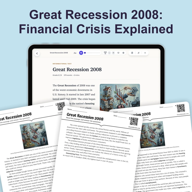 Great Recession 2008 — reading — reading comprehension for Grade 6, Grade 7, Grade 8, page 1 of 4