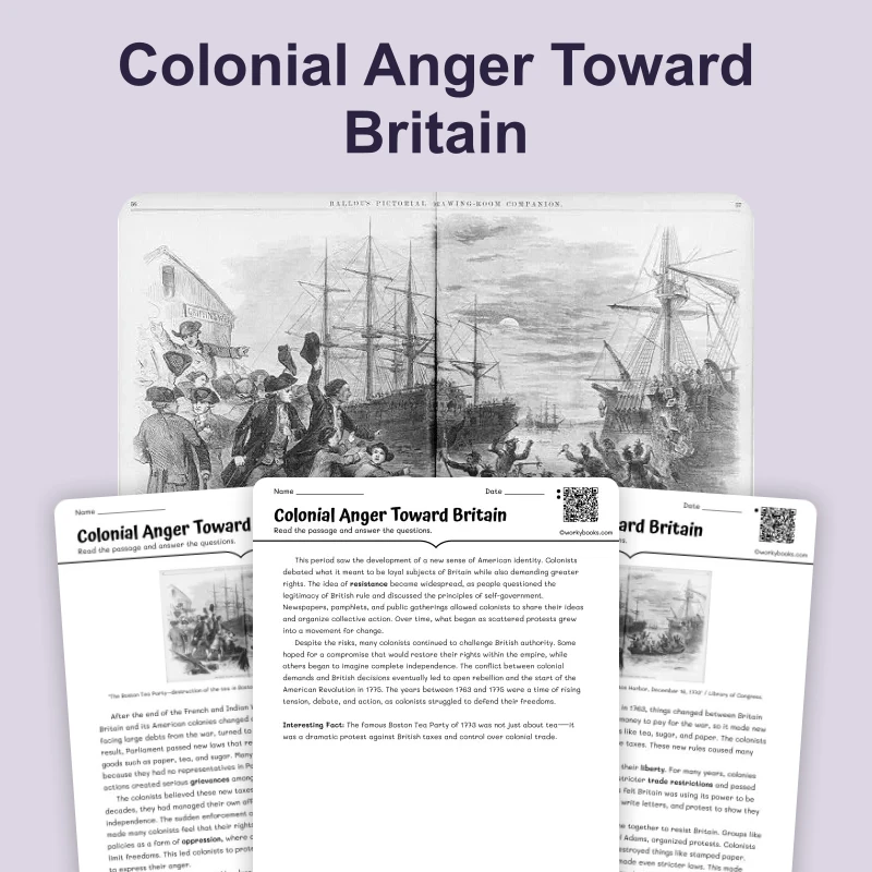 Colonial Anger Toward Britain — ela — reading comprehension for Grade 6, Grade 7, Grade 8, page 1 of 4