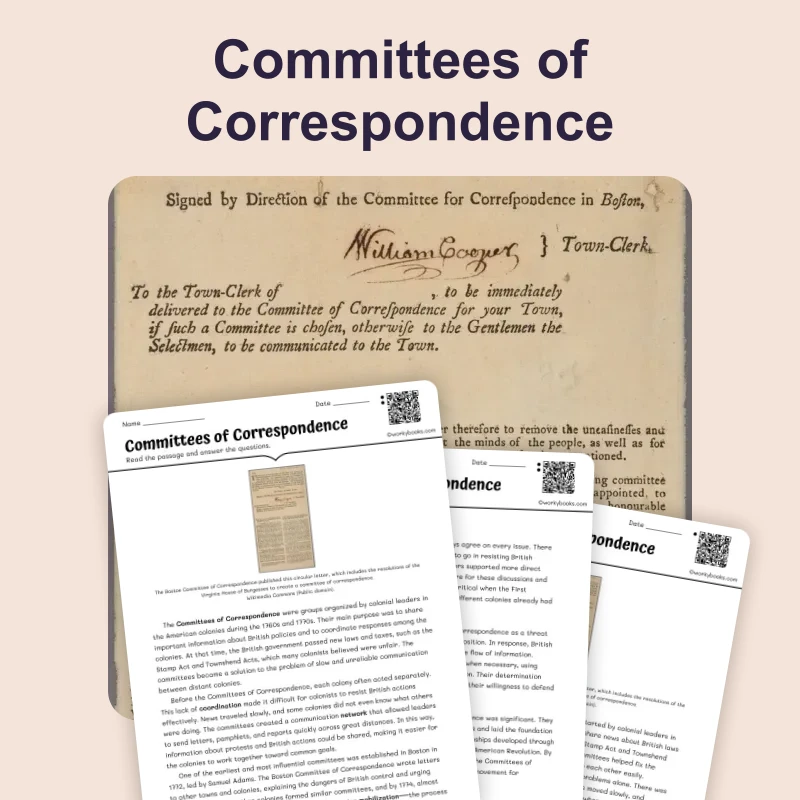 Committees of Correspondence — ela — reading comprehension for Grade 6, Grade 7, Grade 8, page 1 of 4