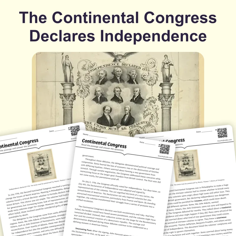 Continental Congress — ela — reading comprehension for Grade 6, Grade 7, Grade 8, page 1 of 4