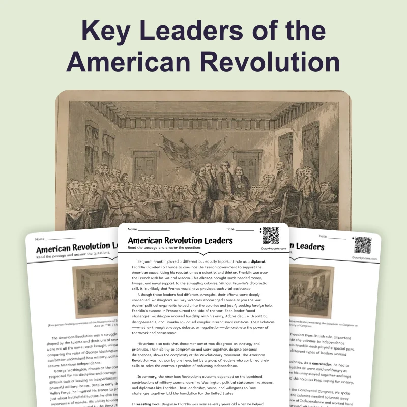 American Revolution Leaders — ela — reading comprehension for Grade 6, Grade 7, Grade 8, page 1 of 4