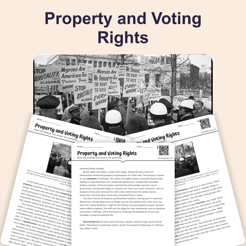 Property Ownership Determined Voting Rights — ela — reading comprehension for Grade 6, Grade 7, Grade 8, page 1 of 4