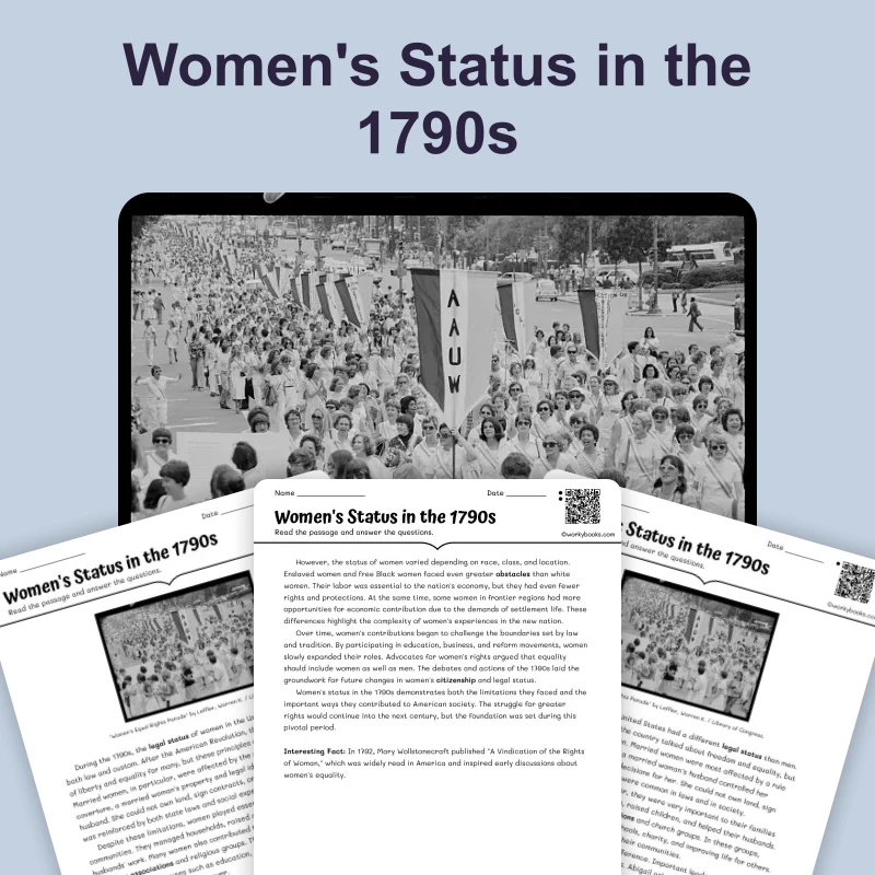 Women's Status 1790s — ela — reading comprehension for Grade 6, Grade 7, Grade 8, page 1 of 4