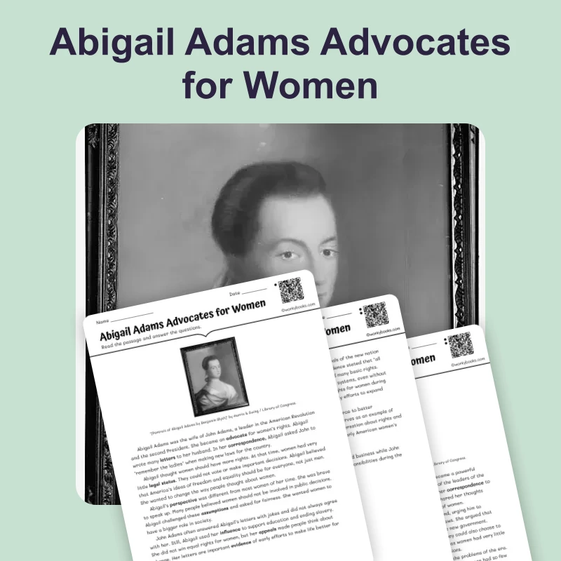 Abigail Adams Advocates for Women — ela — reading comprehension for Grade 6, Grade 7, Grade 8, page 1 of 4