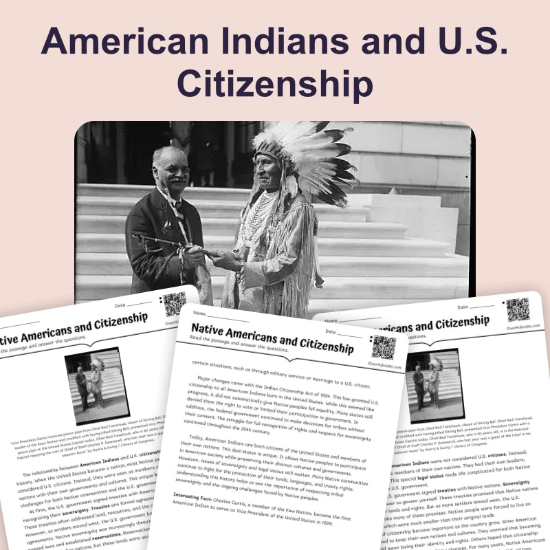 American Indians and U.S. Citizenship — ela — reading comprehension for Grade 6, Grade 7, Grade 8, page 1 of 4