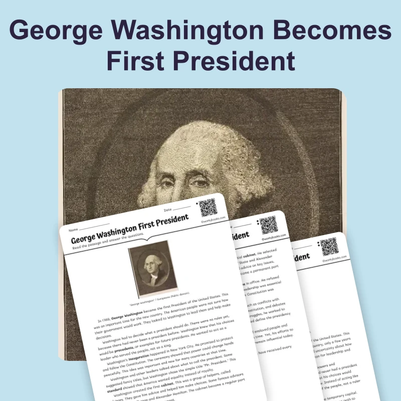 George Washington First President — ela — reading comprehension for Grade 6, Grade 7, Grade 8, page 1 of 4