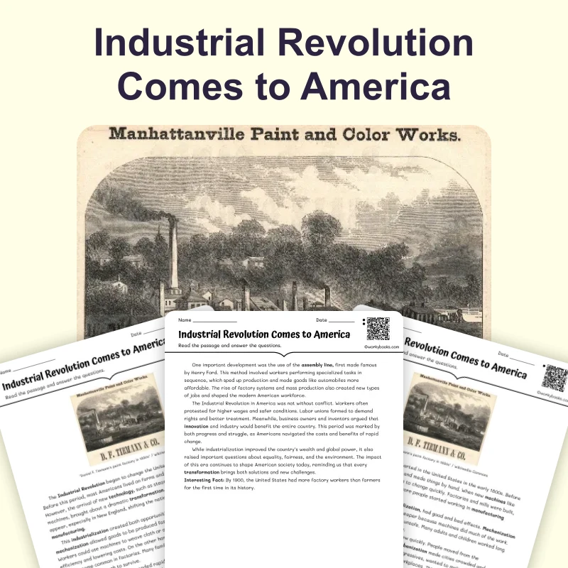 Industrial Revolution Comes to America — ela — reading comprehension for Grade 6, Grade 7, Grade 8, page 1 of 4