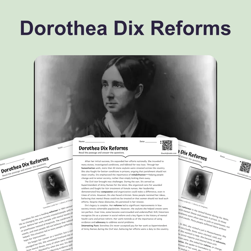 Dorothea Dix Reforms — ela — reading comprehension for Grade 6, Grade 7, Grade 8, page 1 of 4