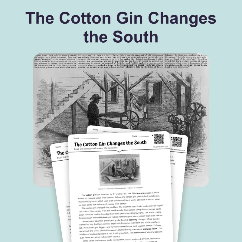 The Cotton Gin Changes the South — ela — reading comprehension for Grade 6, Grade 7, Grade 8, page 1 of 4