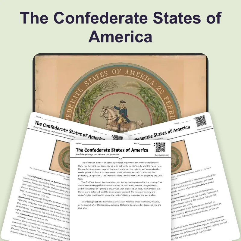 The Confederate States of America — ela — reading comprehension for Grade 6, Grade 7, Grade 8, page 1 of 4