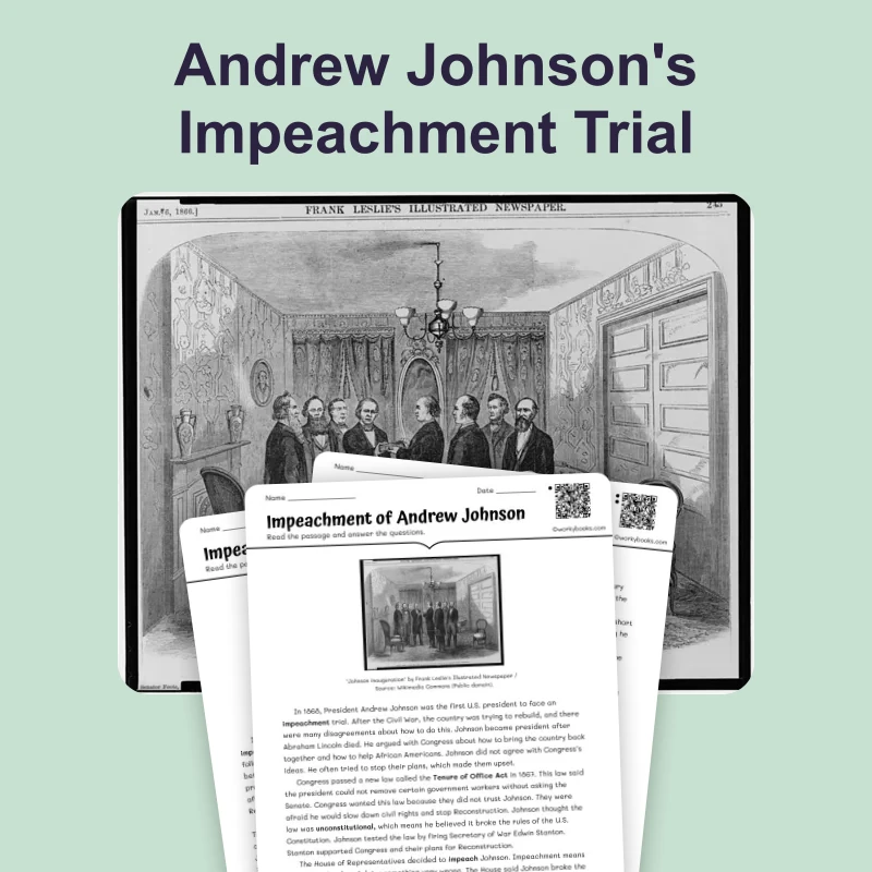 Impeachment of Andrew Johnson — ela — reading comprehension for Grade 6, Grade 7, Grade 8, page 1 of 4
