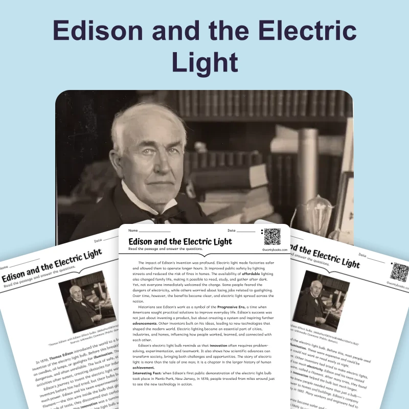 Edison and the Electric Light — ela — reading comprehension for Grade 6, Grade 7, Grade 8, page 1 of 4