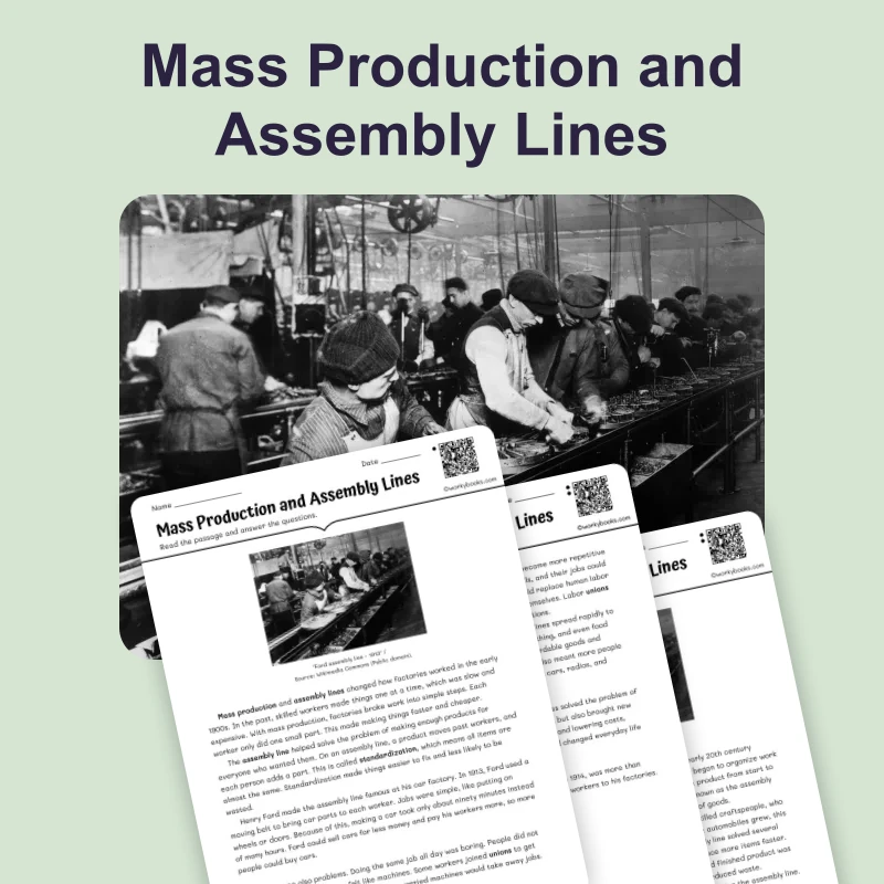 Mass Production and Assembly Lines — ela — reading comprehension for Grade 6, Grade 7, Grade 8, page 1 of 4