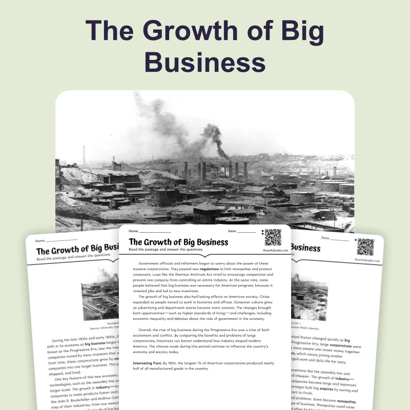The Growth of Big Business — ela — reading comprehension for Grade 6, Grade 7, Grade 8, page 1 of 4