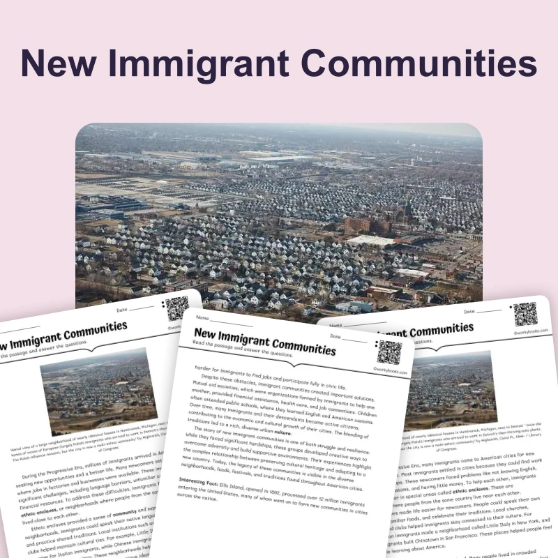 New Immigrant Communities — ela — reading comprehension for Grade 6, Grade 7, Grade 8, page 1 of 4