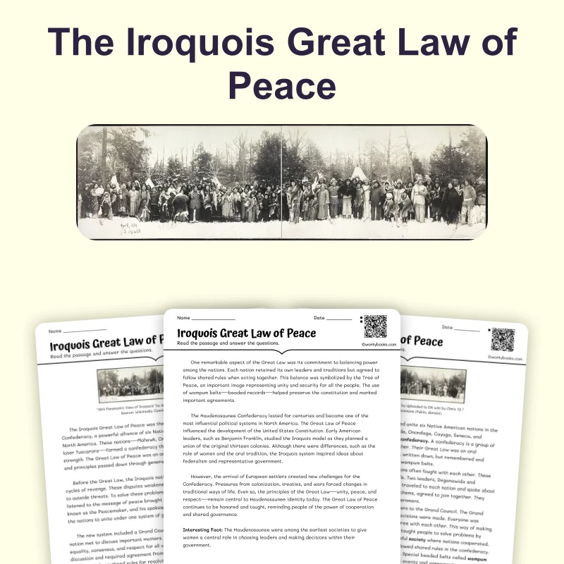 Iroquois Great Law of Peace — ela — reading comprehension for Grade 6, Grade 7, Grade 8, page 1 of 4