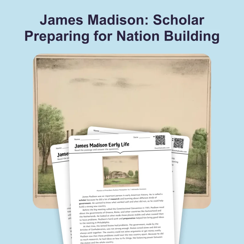 James Madison Early Life — ela — reading comprehension for Grade 6, Grade 7, Grade 8, page 1 of 4