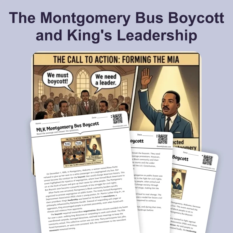 MLK Montgomery Bus Boycott — ela — reading comprehension for Grade 6, Grade 7, Grade 8, page 1 of 4