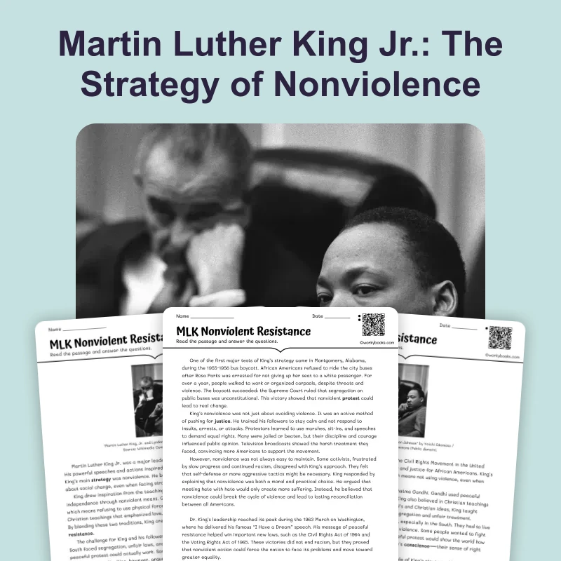 MLK Nonviolent Resistance — ela — reading comprehension for Grade 6, Grade 7, Grade 8, page 1 of 4