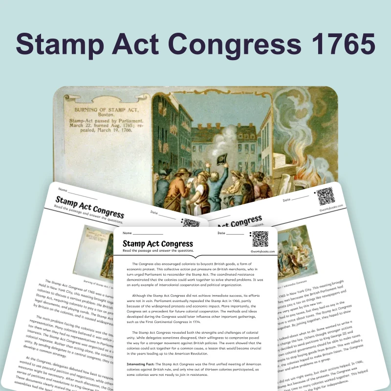 Stamp Act Congress — ela — reading comprehension for Grade 6, Grade 7, Grade 8, page 1 of 4