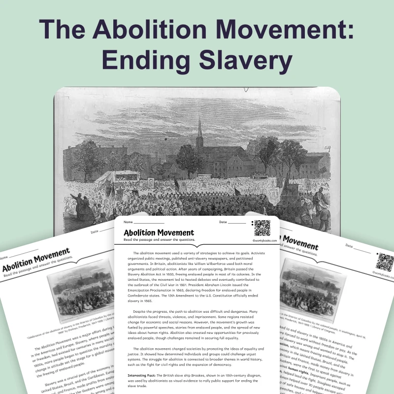 Abolition Movement — reading — reading comprehension for Grade 5, Grade 6, Grade 7, Grade 8, page 1 of 4
