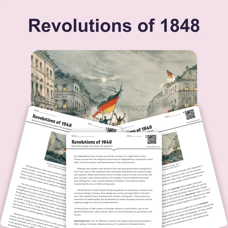 Revolutions of 1848 — reading — reading comprehension for Grade 5, Grade 6, Grade 7, Grade 8, page 1 of 4