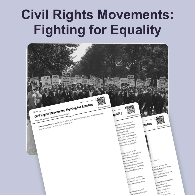 Civil Rights Movements: Fighting for Equality — reading — reading comprehension for Grade 5, Grade 6, Grade 7, Grade 8, page 1 of 4