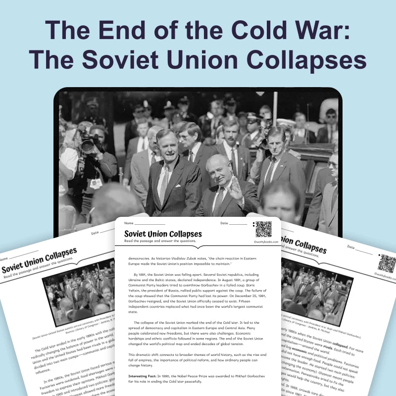 The Soviet Union Collapses — reading — reading comprehension for Grade 5, Grade 6, Grade 7, Grade 8, page 1 of 4
