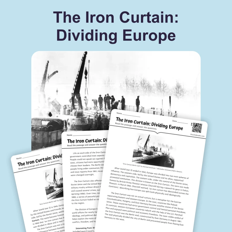 Europe Divided by the Iron Curtain — reading — reading comprehension for Grade 5, Grade 6, Grade 7, Grade 8, page 1 of 4