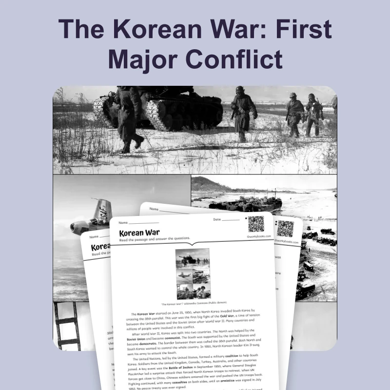The Korean War — reading — reading comprehension for Grade 5, Grade 6, Grade 7, Grade 8, page 1 of 4