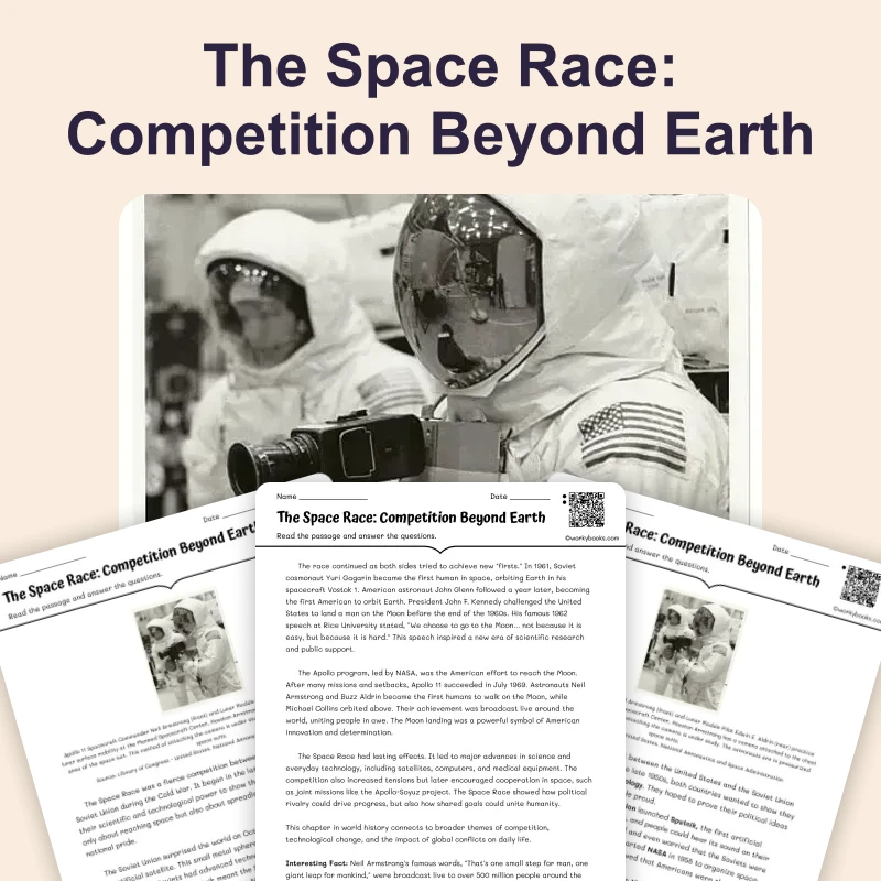 The Space Race — reading — reading comprehension for Grade 5, Grade 6, Grade 7, Grade 8, page 1 of 4