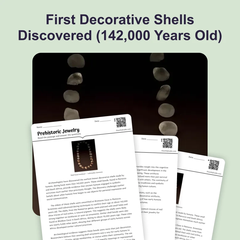First Human Jewelry — reading — reading comprehension for Grade 6, Grade 7, Grade 8, page 1 of 4