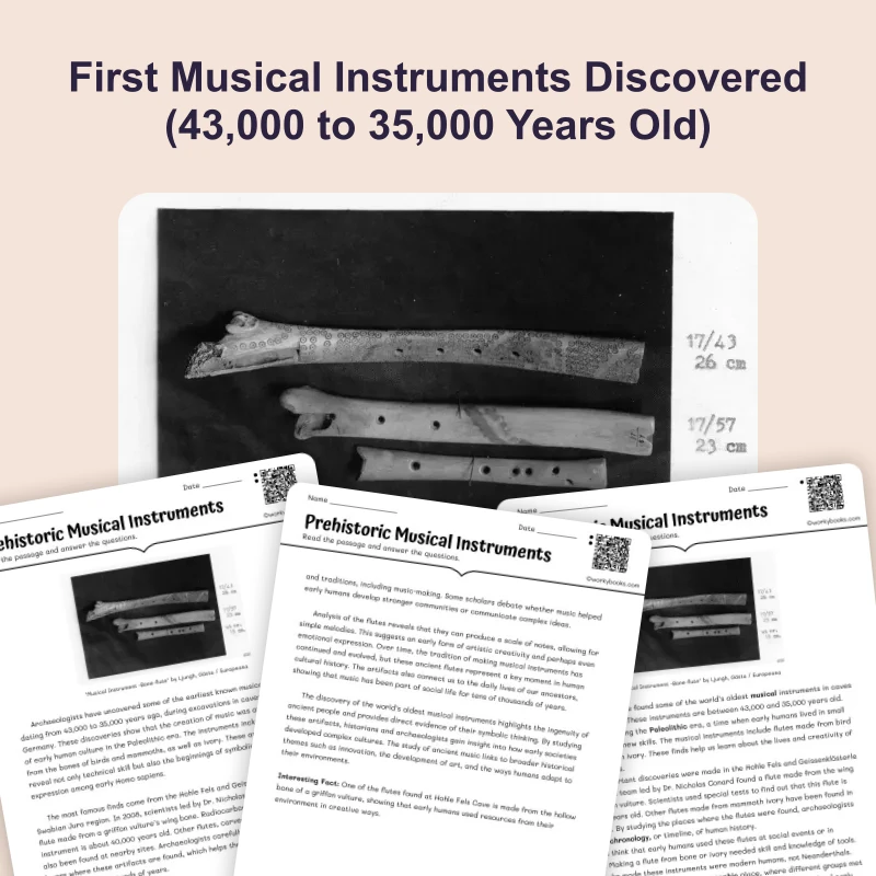 First Musical Instruments — reading — reading comprehension for Grade 6, Grade 7, Grade 8, page 1 of 4