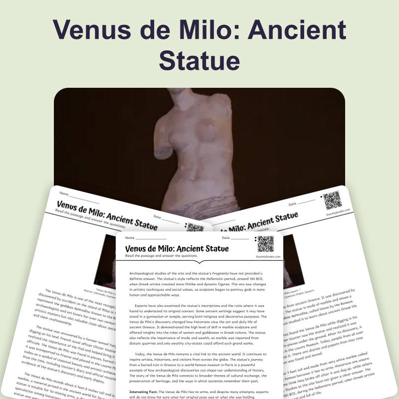 Venus de Milo Sculpture — reading — reading comprehension for Grade 6, Grade 7, Grade 8, page 1 of 4