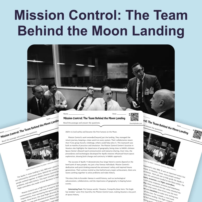 Mission Control: The Team Behind the Moon Landing — reading — reading comprehension for Grade 5, Grade 6, Grade 7, Grade 8, page 1 of 4