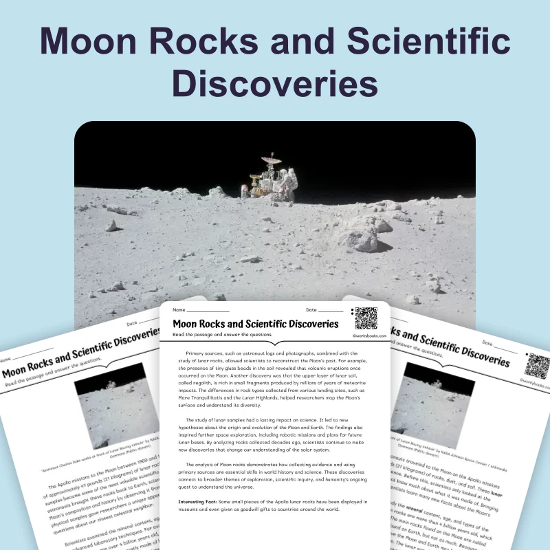 Apollo 11 Moon Rocks — reading — reading comprehension for Grade 5, Grade 6, Grade 7, Grade 8, page 1 of 4