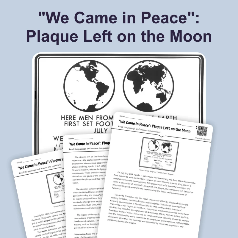 "We Came in Peace": Plaque Left on the Moon — reading — reading comprehension for Grade 5, Grade 6, Grade 7, Grade 8, page 1 of 4
