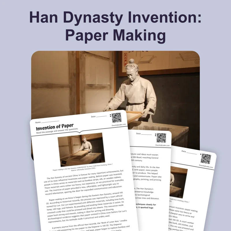 Chinese Invention of Paper — reading — reading comprehension for Grade 6, Grade 7, Grade 8, page 1 of 4