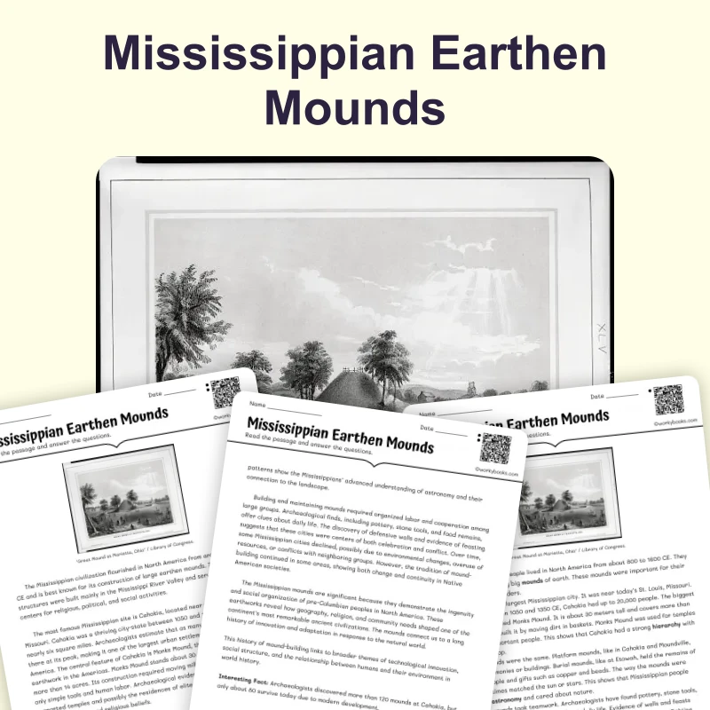 Mississippian Mounds — reading — reading comprehension for Grade 5, Grade 6, Grade 7, Grade 8, page 1 of 4