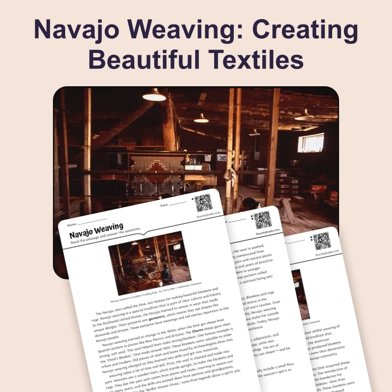 Navajo Weaving — reading — reading comprehension for Grade 5, Grade 6, Grade 7, Grade 8, page 1 of 4